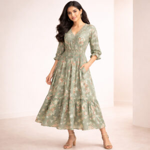 Elegant Sage Green Floral Midi Dress for Women
