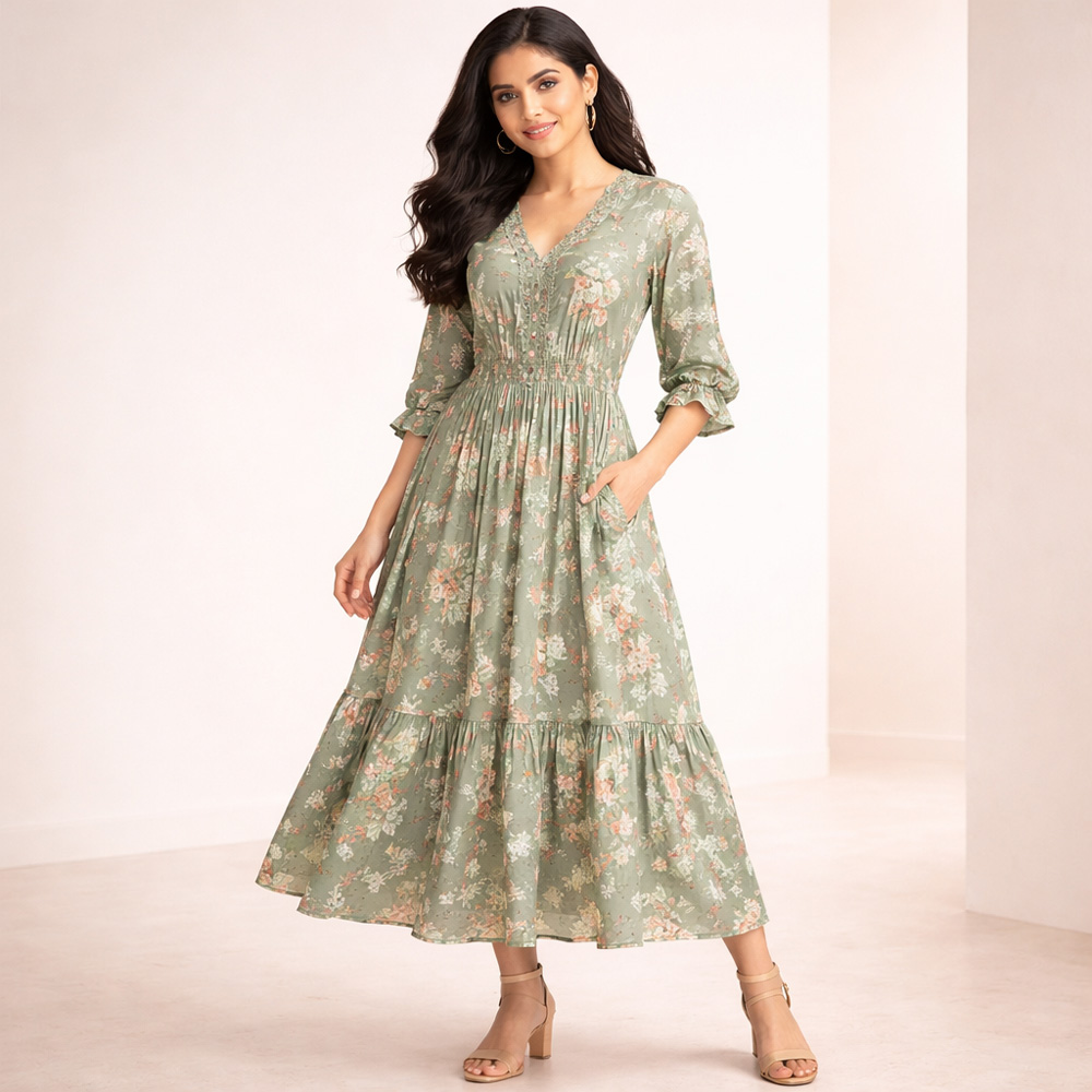 Elegant Sage Green Floral Midi Dress for Women