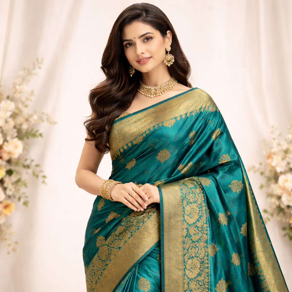 Elegant-Teal-Silk-Saree-wit Teal Silk Saree with Gold Zari Border