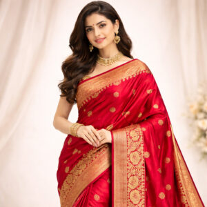 Luxury Red Silk Saree with Gold Zari Border